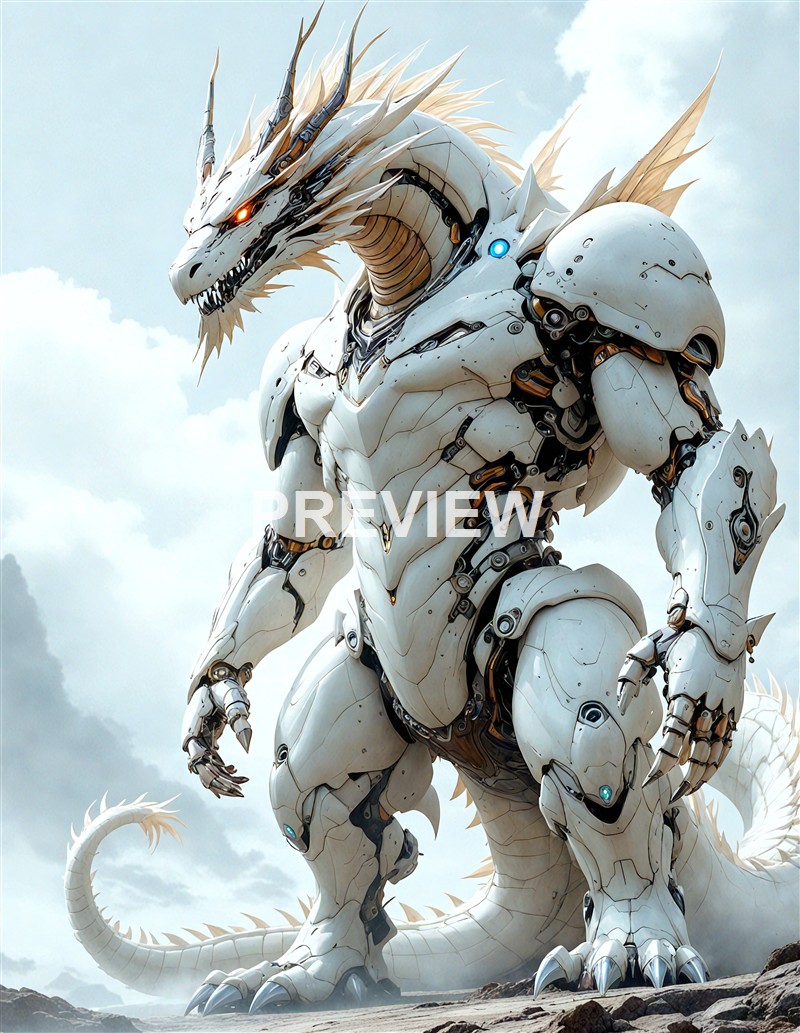 A large, futuristic robot with a dragon-like head, glowing eyes, and detailed white armor stands outdoors against a cloudy sky background.
